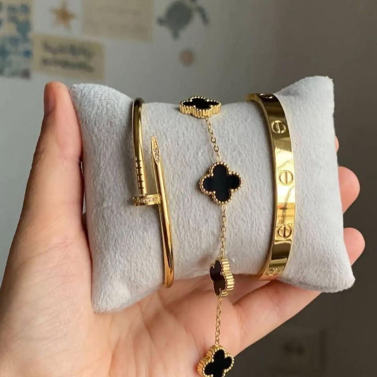Luxury Gold Bracelet Set for Women – Nail, Clover & Classic Cuff Combo