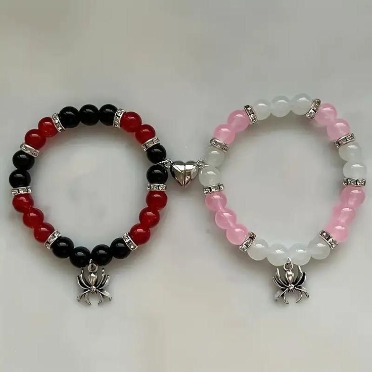Love Couple Bracelet Set – Heart Connector Beaded Bracelets with Spider Charm (His & Hers)