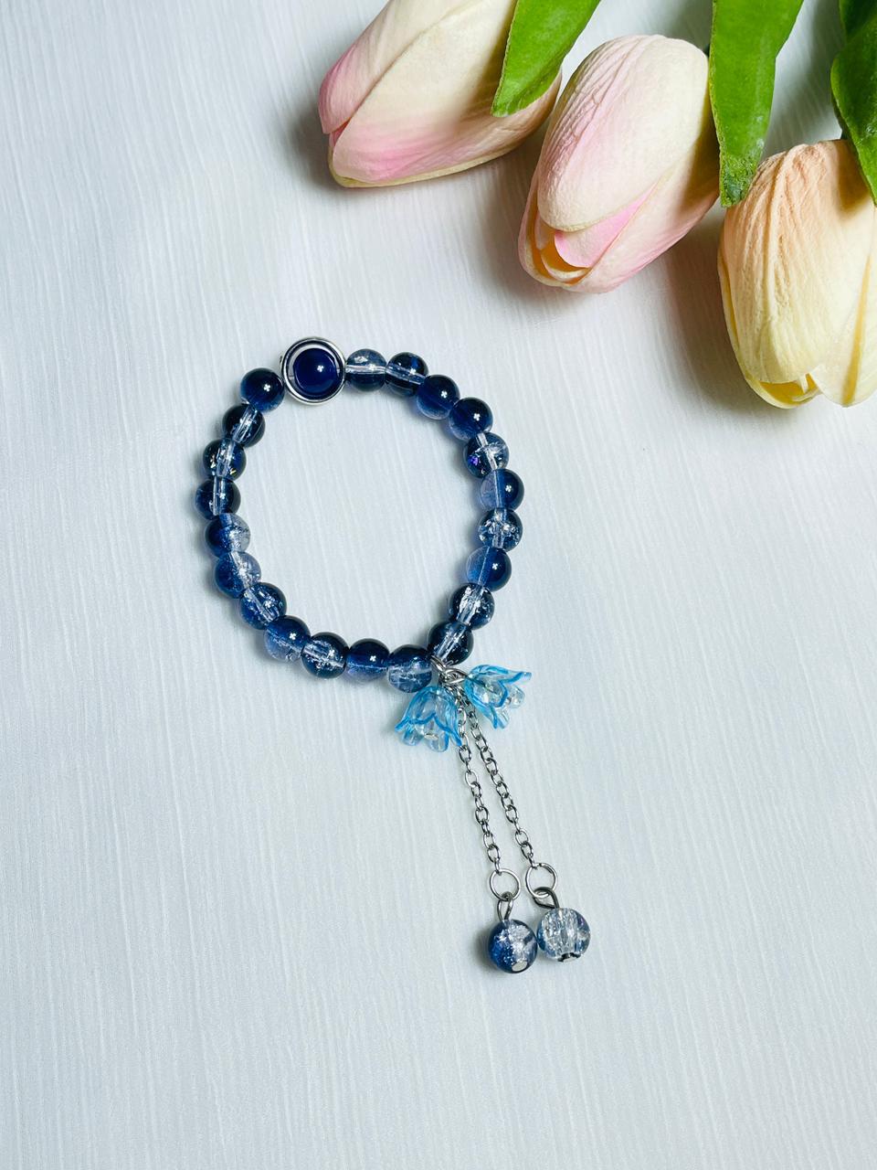 Elegant Blue Crystal Beaded Bracelet with Butterfly Charm & Chain Tassel
